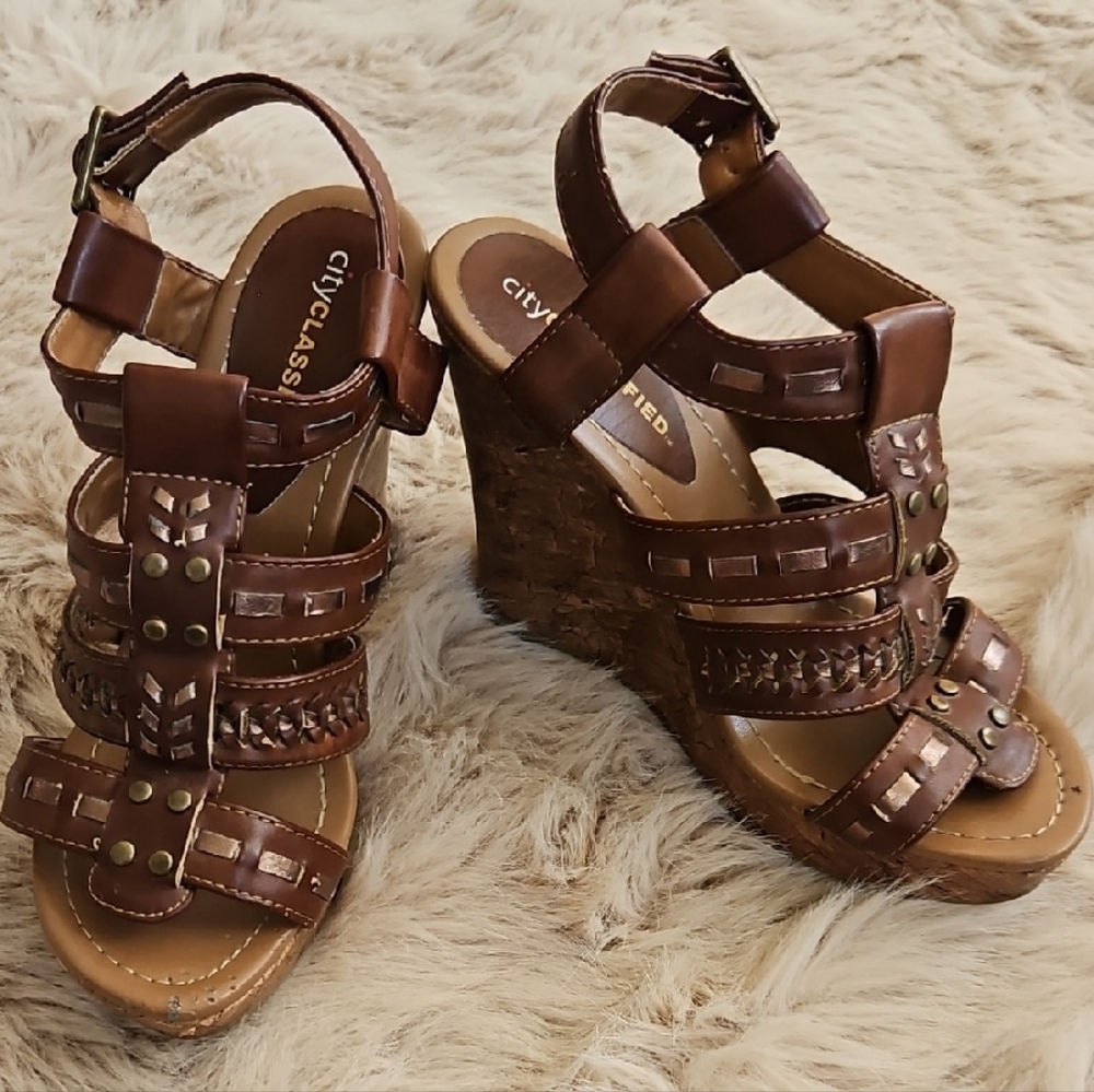 Cityclassified Tan Strappy Wedge Sandals
